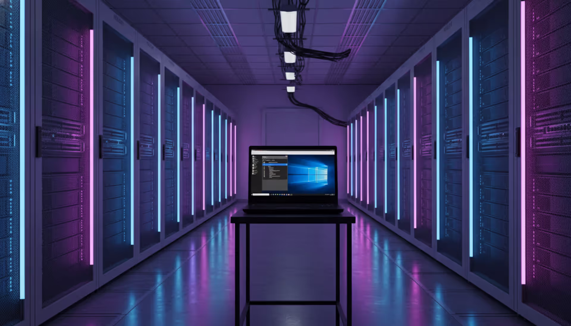 Laptop showing remote desktop session in a modern data center corridor with illuminated server racks
