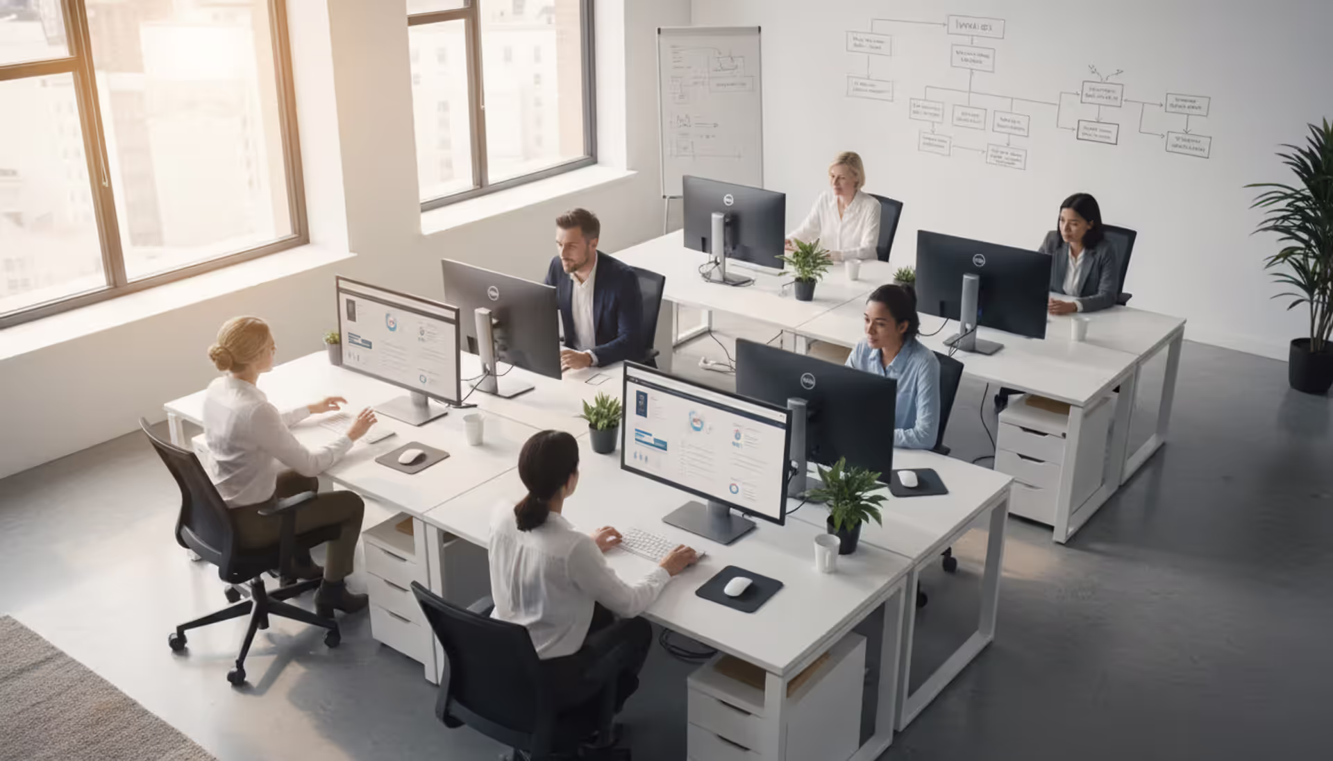 Modern open-plan office with employees working at desks viewing intranet dashboards on multiple monitors in a bright workspace