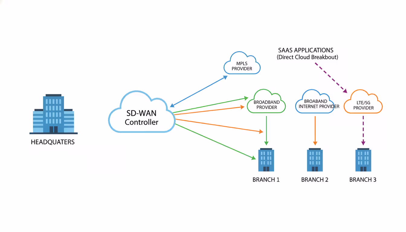 SD-WAN network topology showing headquarters and branch offices connected via multiple paths including MPLS, broadband, and LTE with direct cloud breakout to SaaS applications