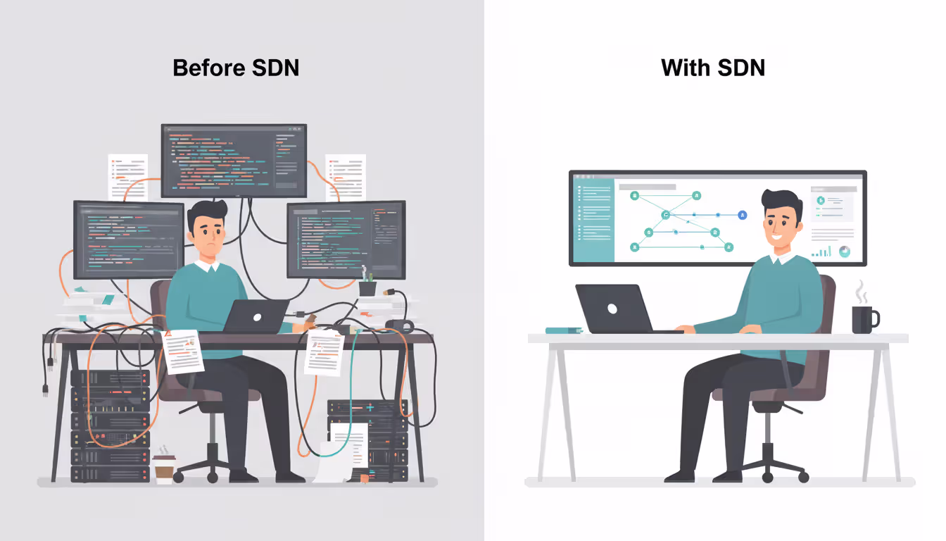 Split illustration comparing network management before and after SDN adoption showing engineer struggling with multiple terminals versus calm engineer using single unified network dashboard