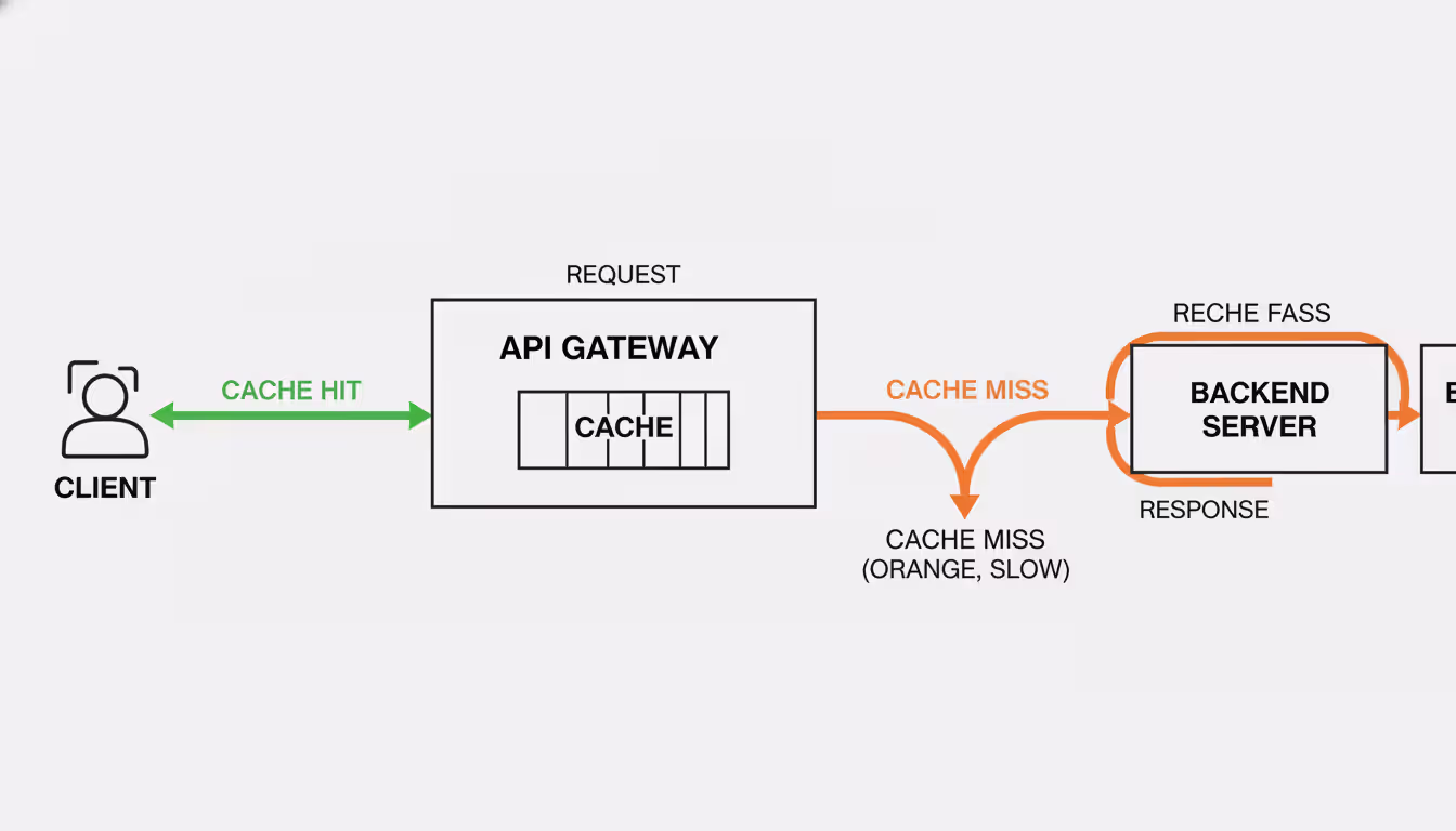 Diagram illustrating API gateway caching mechanism with cache hit and cache miss request flow paths