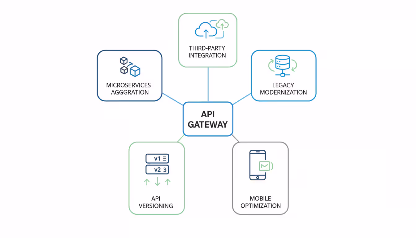 Infographic showing five main API gateway use cases including microservices aggregation versioning mobile optimization and third-party integration