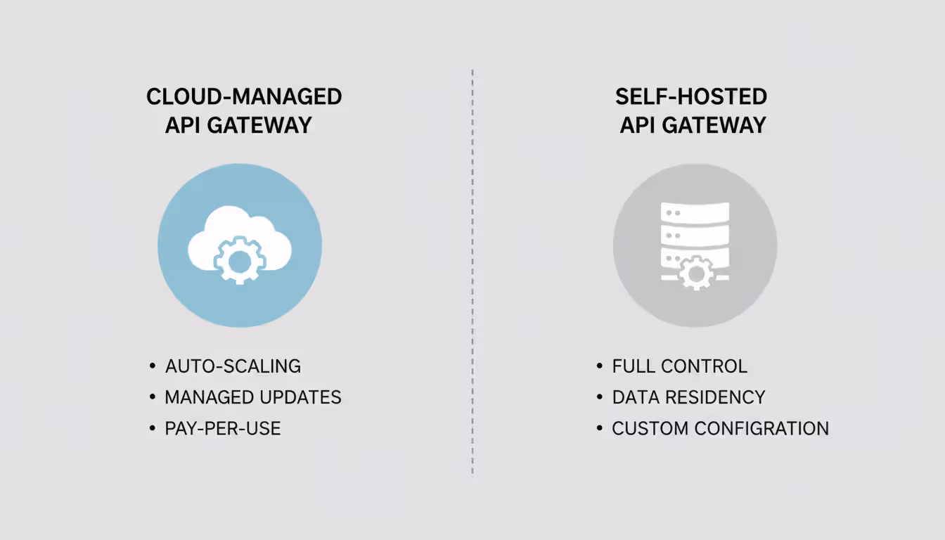 Comparison infographic of cloud-managed versus self-hosted API gateway deployment approaches with key characteristics