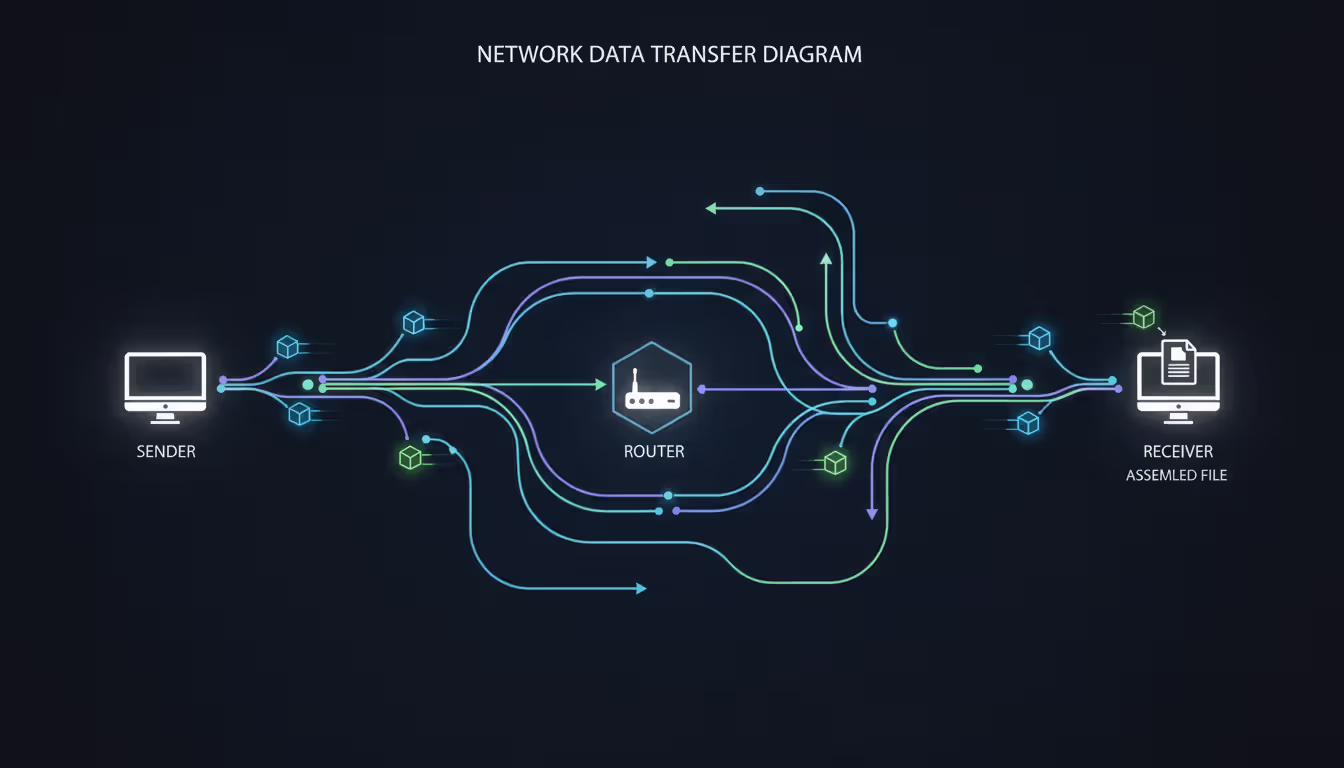 Infographic showing data packets traveling from one computer through a router along multiple paths to another computer where they reassemble into a complete file