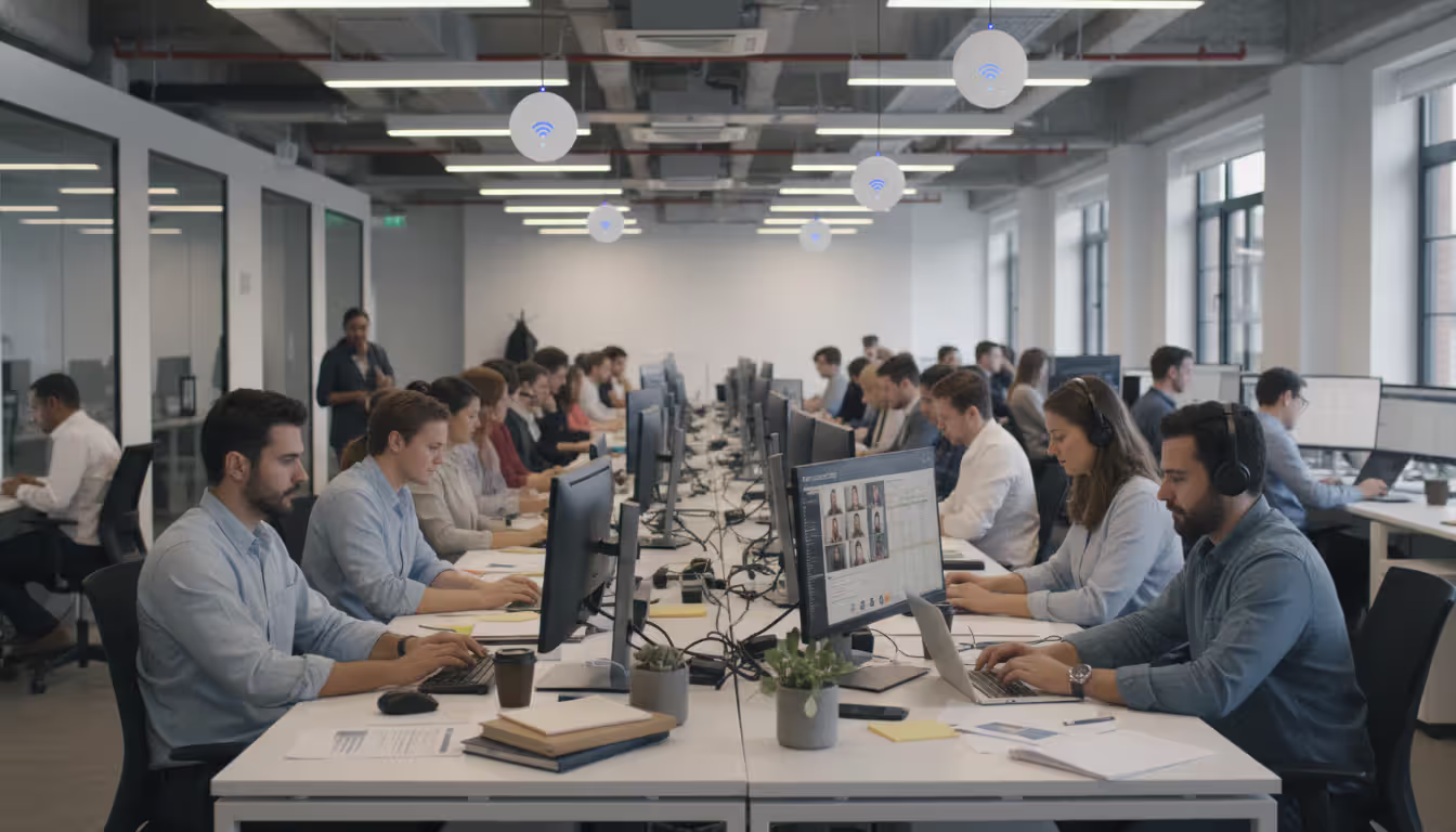 Modern open-plan office with employees working on laptops and desktops, ceiling-mounted Wi-Fi access points with LED indicators, one screen showing a video conference, busy productive work atmosphere