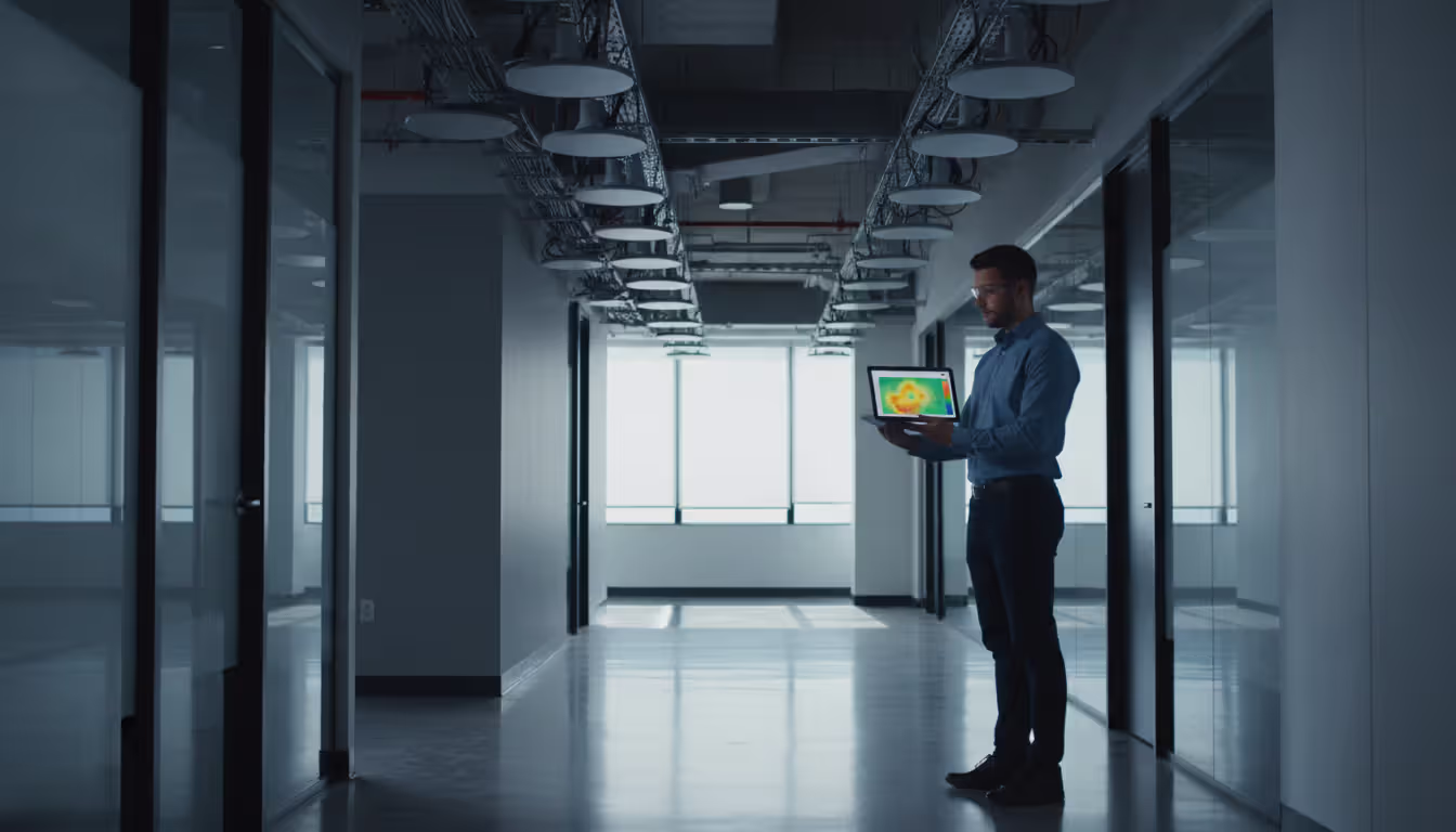 Network engineer conducting Wi-Fi site survey in corporate hallway, holding tablet displaying colorful wireless signal heat map, access points visible on ceiling and walls