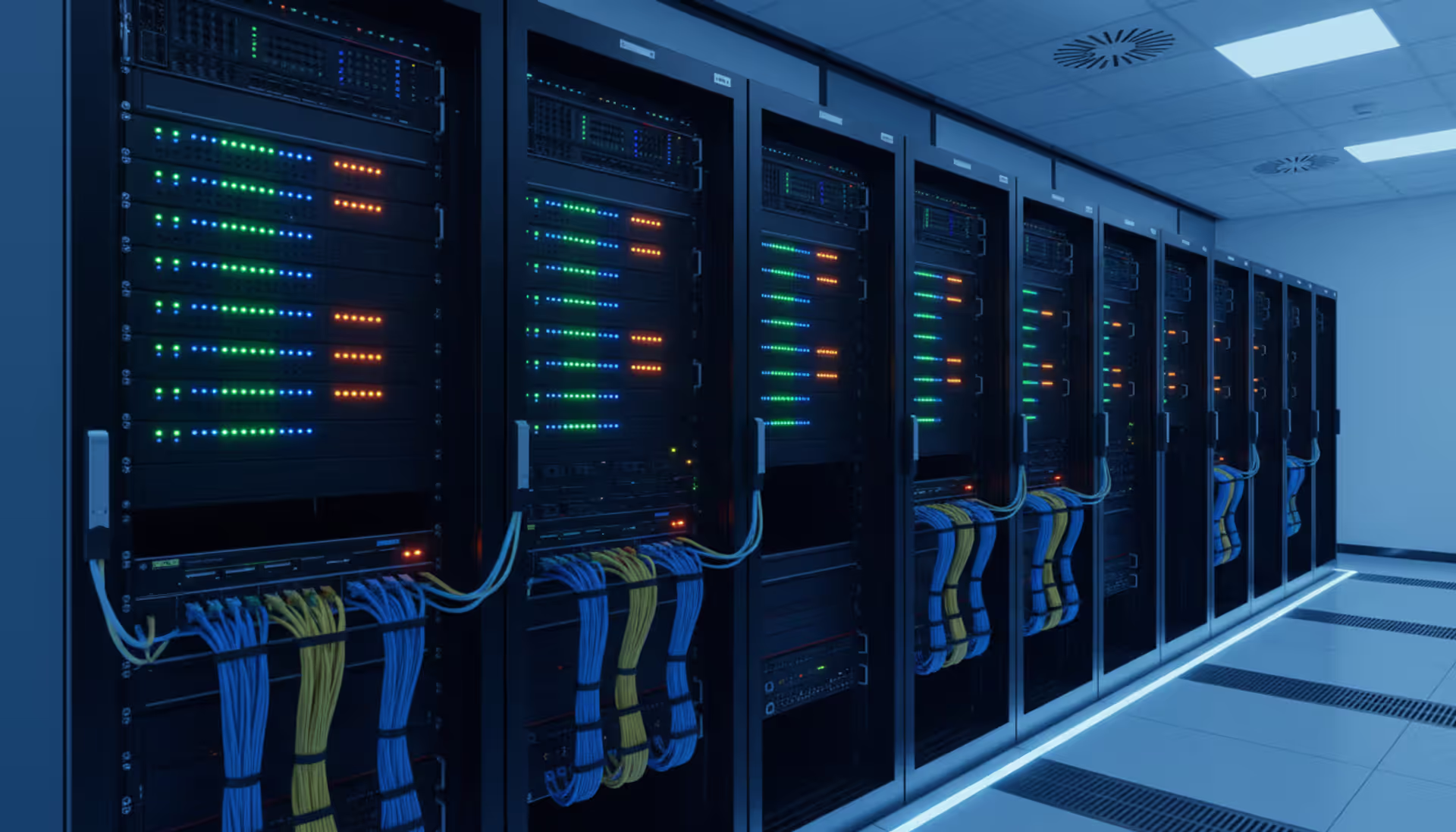 Modern server room with rows of network racks, blinking LED indicators on switches and routers, neatly organized colorful network cables, cool blue ambient lighting