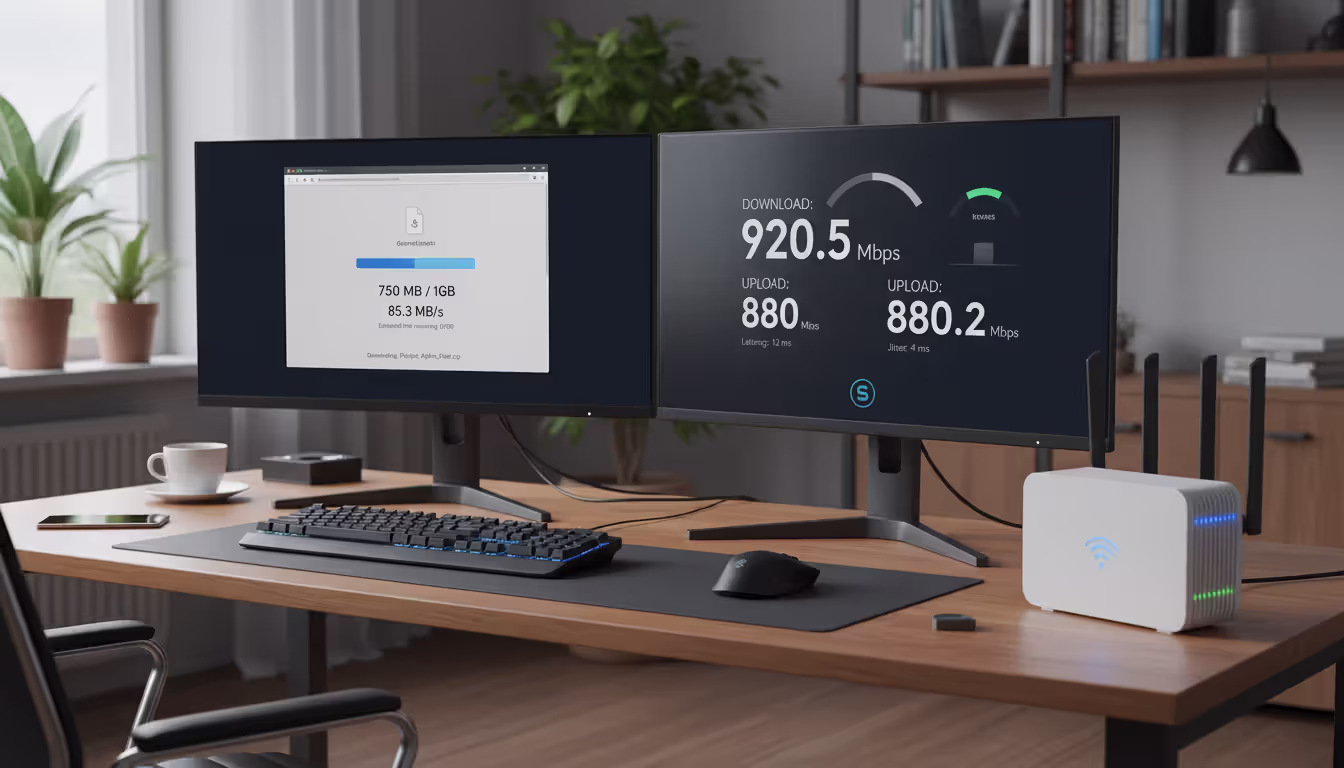 Computer screen showing file download progress alongside an internet speed test result with a Wi-Fi router on the desk
