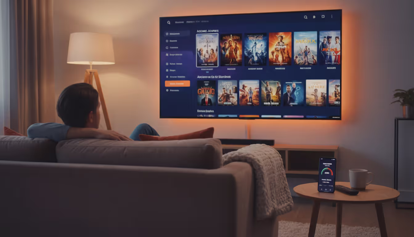 Person sitting on a couch watching a streaming service on a large TV with a smartphone showing a speed test app on the coffee table