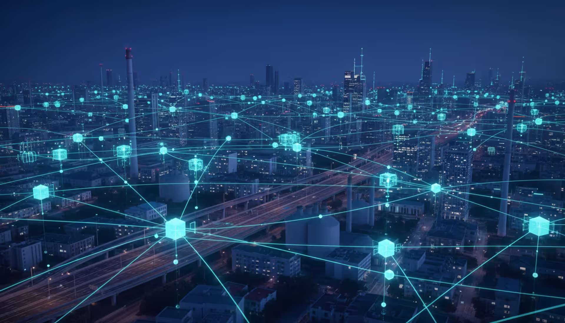 Glowing network nodes distributed across a modern cityscape representing edge computing infrastructure
