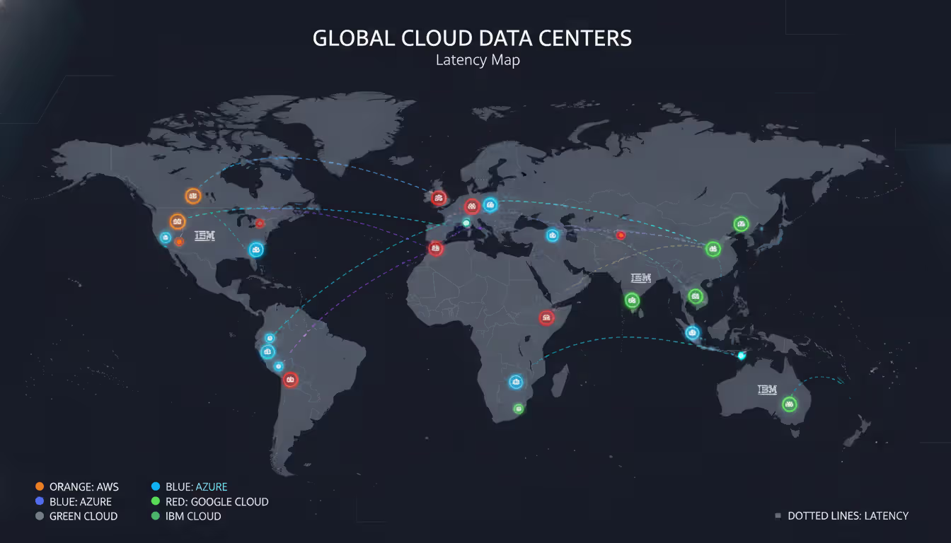 Stylized world map showing cloud provider data center locations with colored dots and latency lines between regions on a dark background