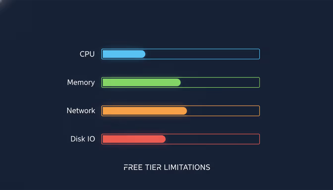 Performance dashboard showing four horizontal gauge bars for CPU, Memory, Network, and Disk IO with varying fill levels representing free tier server limitations