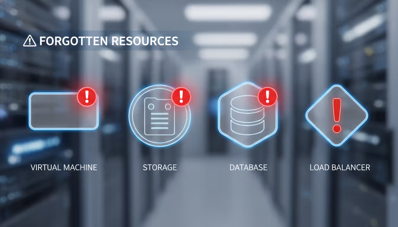 Conceptual illustration of orphaned cloud resources with semi-transparent icons of VM, storage disk, database, and load balancer, some marked with red warning exclamation signs against a blurred server rack background