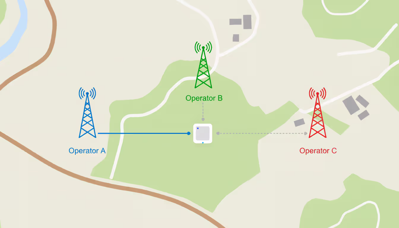 IoT device automatically switching between three different cellular towers from different carriers showing multi-network roaming concept