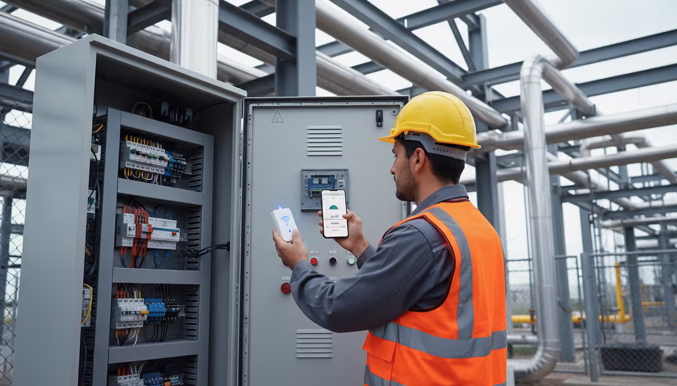 Field engineer in hard hat testing IoT device signal strength inside an industrial metal enclosure at a manufacturing facility