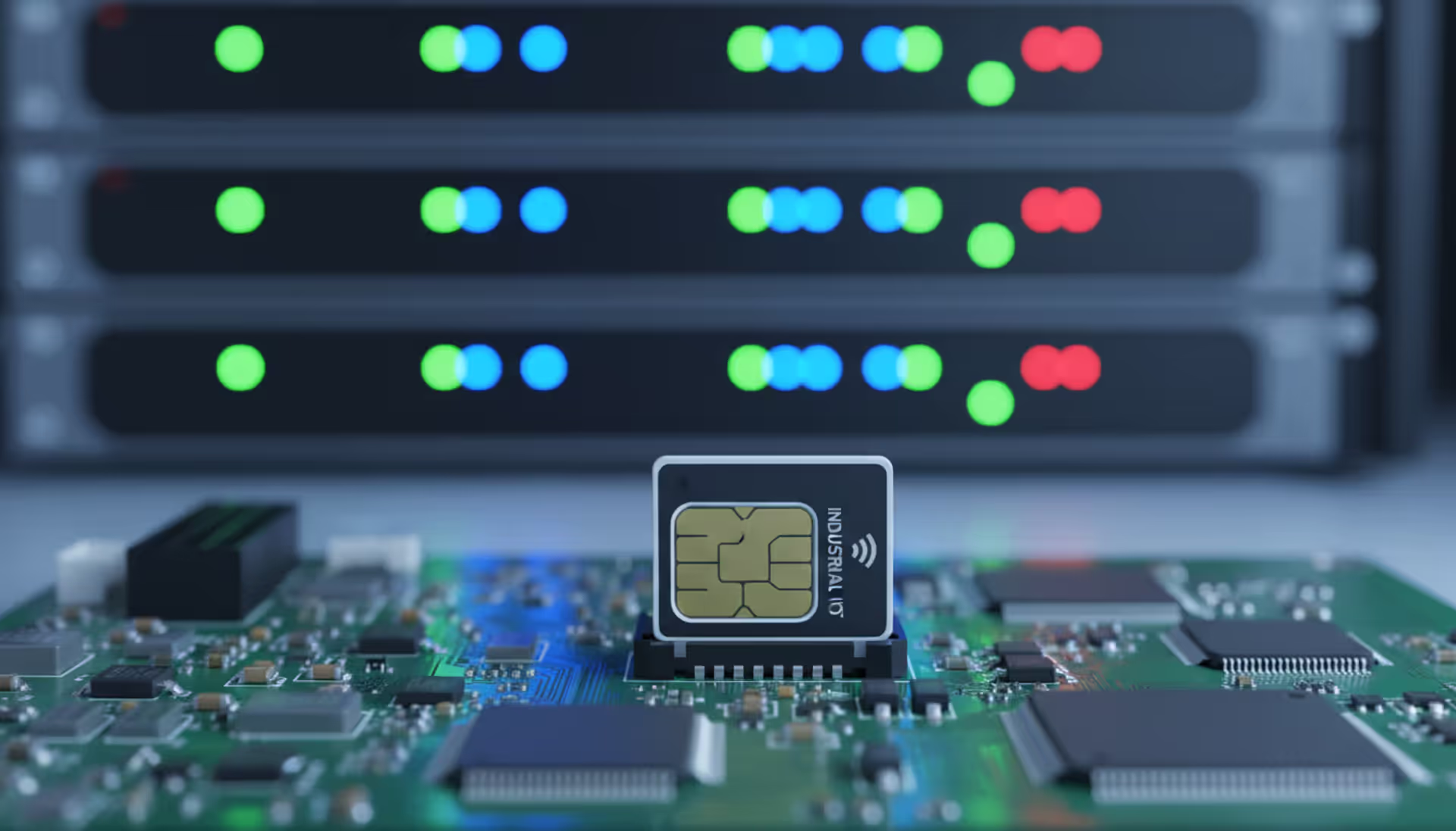 Close-up of an industrial IoT SIM card placed on a green PCB circuit board with blurred server rack lights in the background