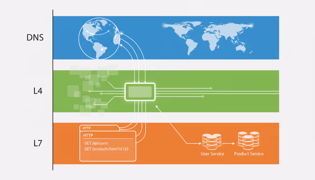 Multi-layer diagram showing DNS level, Layer 4 network level, and Layer 7 application level load balancing with distinct routing mechanisms