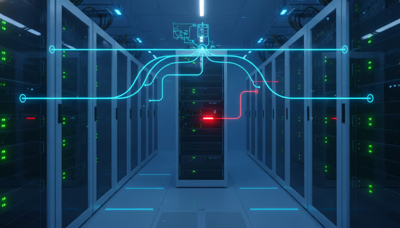 Server room with rack-mounted servers showing automatic failover routing traffic away from a failed server to healthy machines in a data center environment