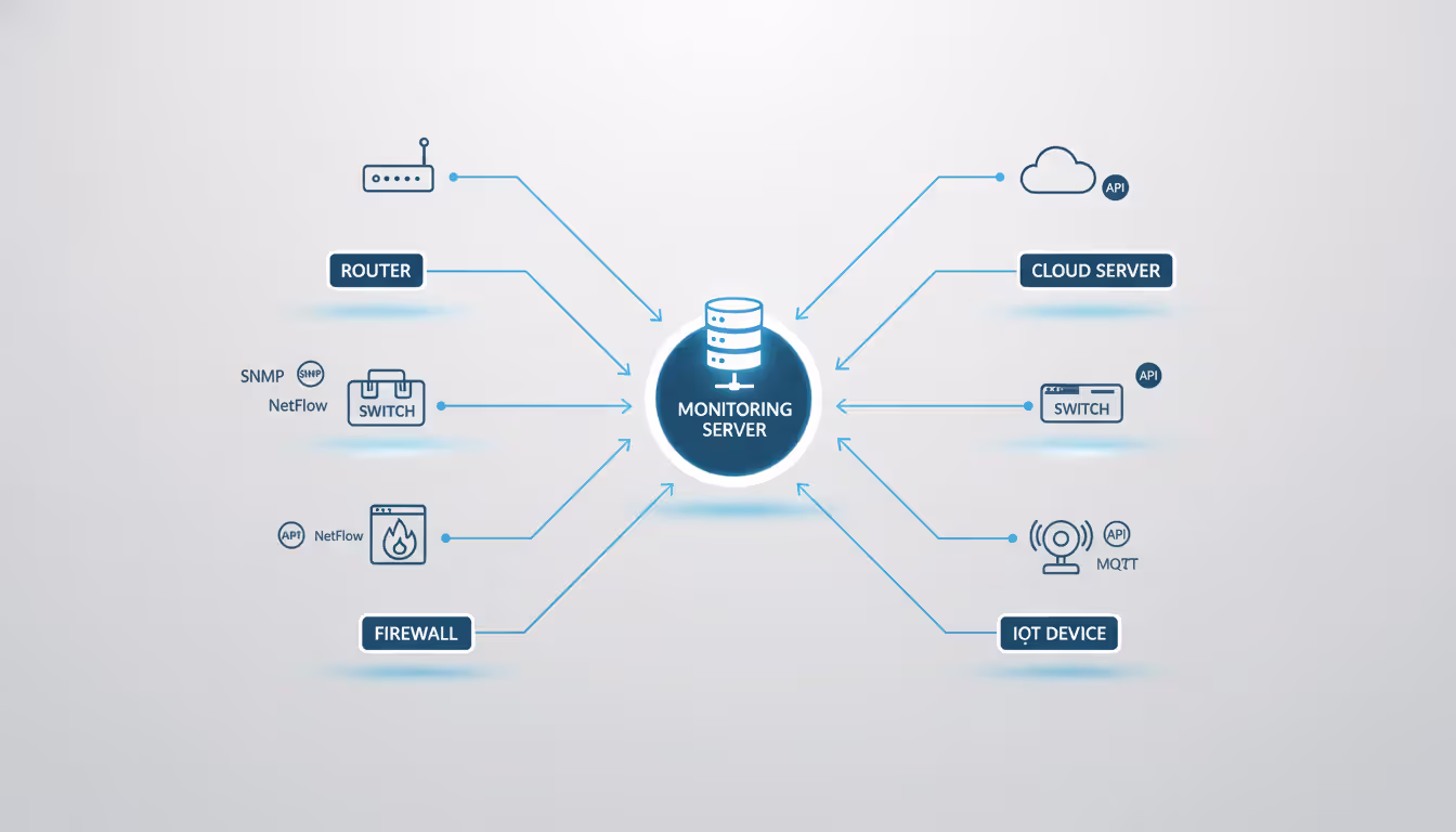 Technical diagram showing monitoring server connected to network devices including router, switch, firewall, cloud server, and IoT device via SNMP, NetFlow, and API protocols