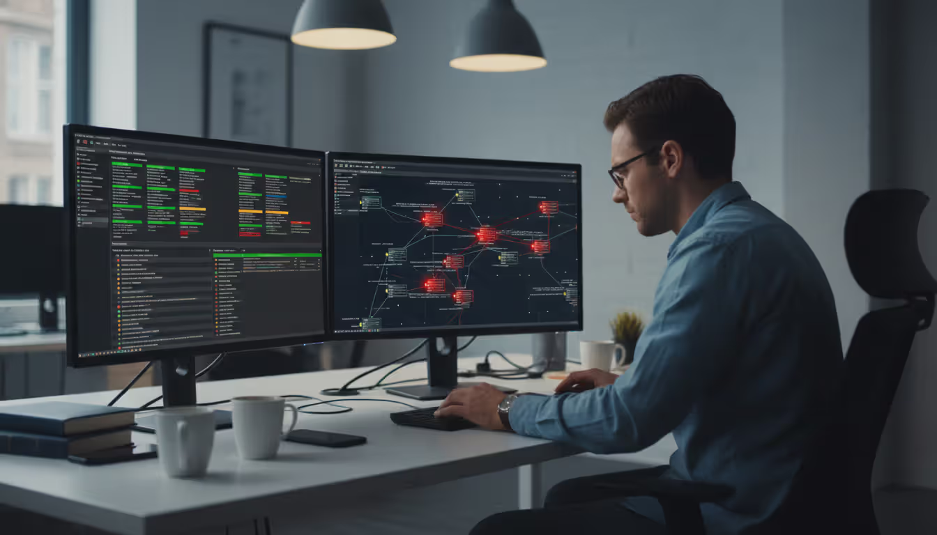 IT engineer at desk with two monitors showing color-coded alert management panel and network topology map with highlighted problem nodes in modern office setting