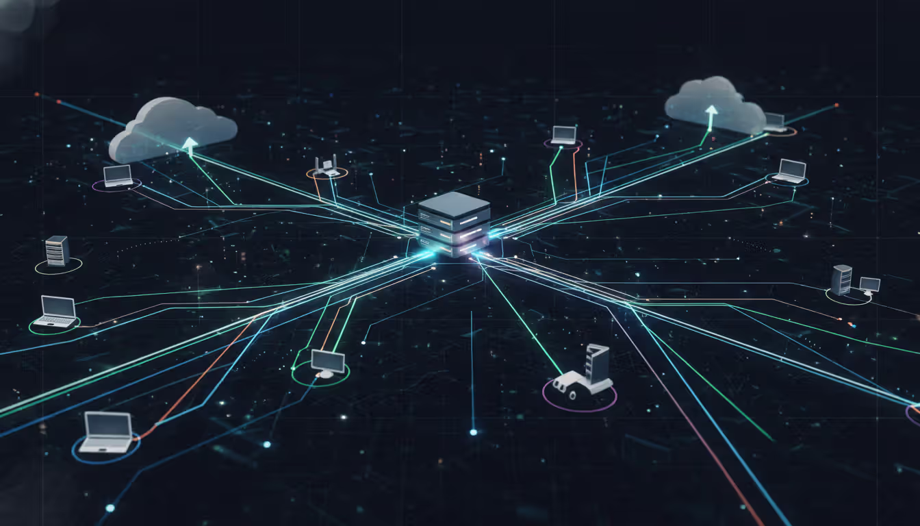 Abstract visualization of corporate network data flows with colored streams connecting servers, laptops, and cloud nodes on a dark background