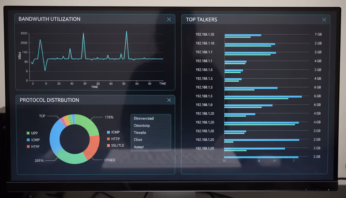 Network monitoring dashboard showing bandwidth line graph, protocol distribution pie chart, and top talkers bar chart in a dark UI theme