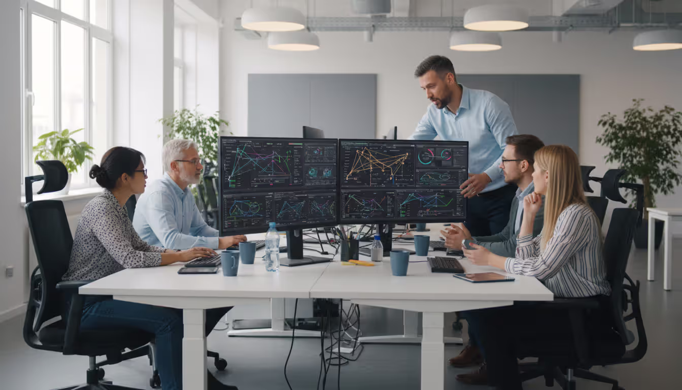 Team of IT professionals analyzing network monitoring data on multiple screens in a modern open-plan office during a collaborative session