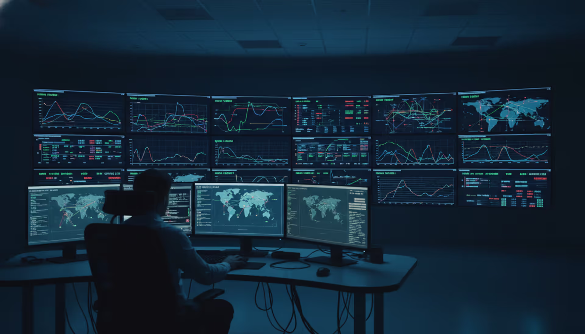 Network operations center with multiple large screens displaying traffic graphs, topology maps, and status indicators in a dark room with blue ambient lighting