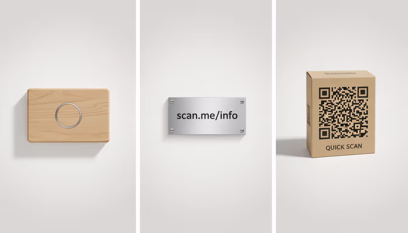 Three identification technologies side by side: NFC tag embedded in wooden sign, metal plate with printed short URL, and product packaging with QR code