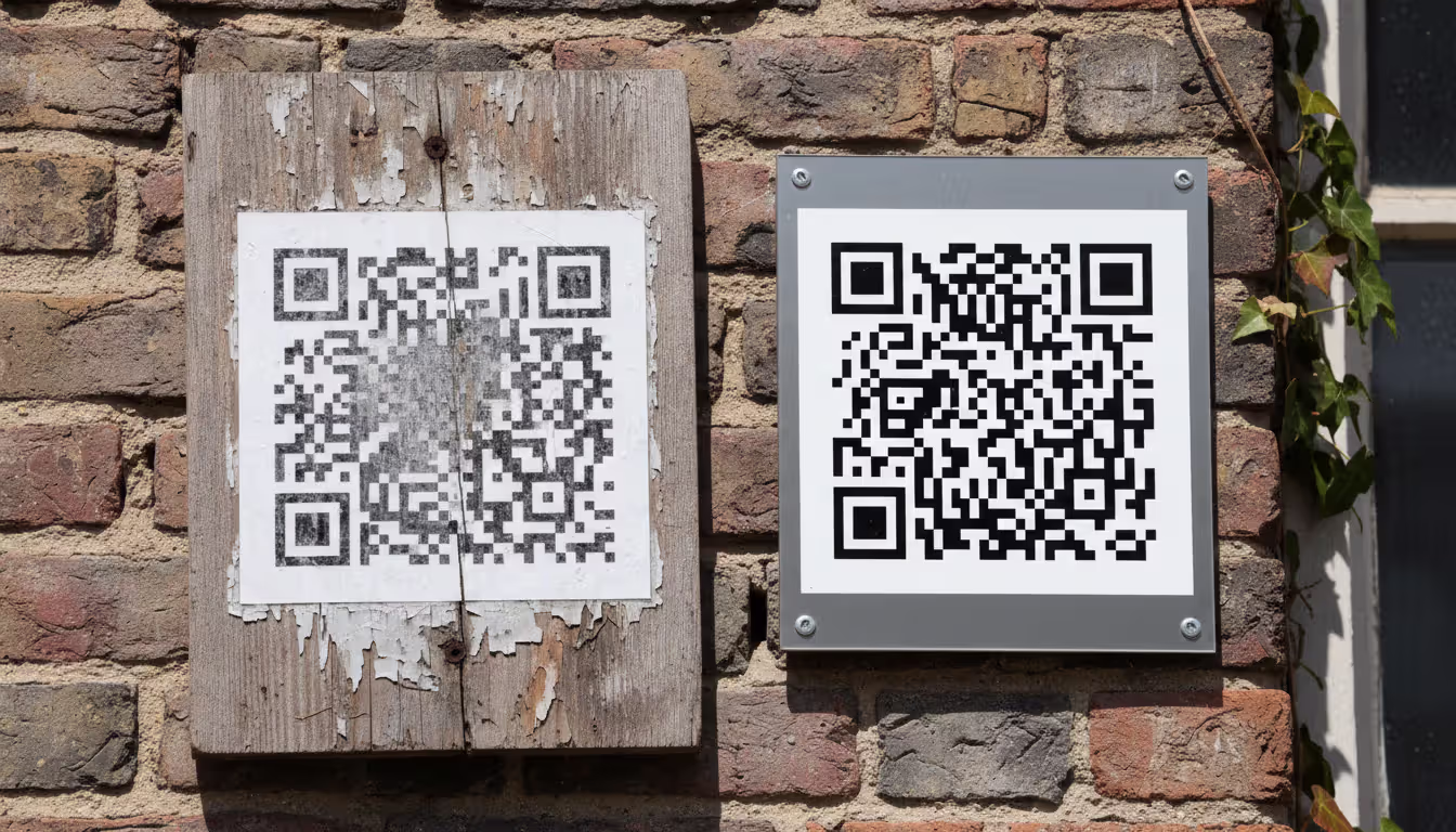 Comparison of a faded damaged QR code on an outdoor sign next to a new clear QR code on a durable metal plate