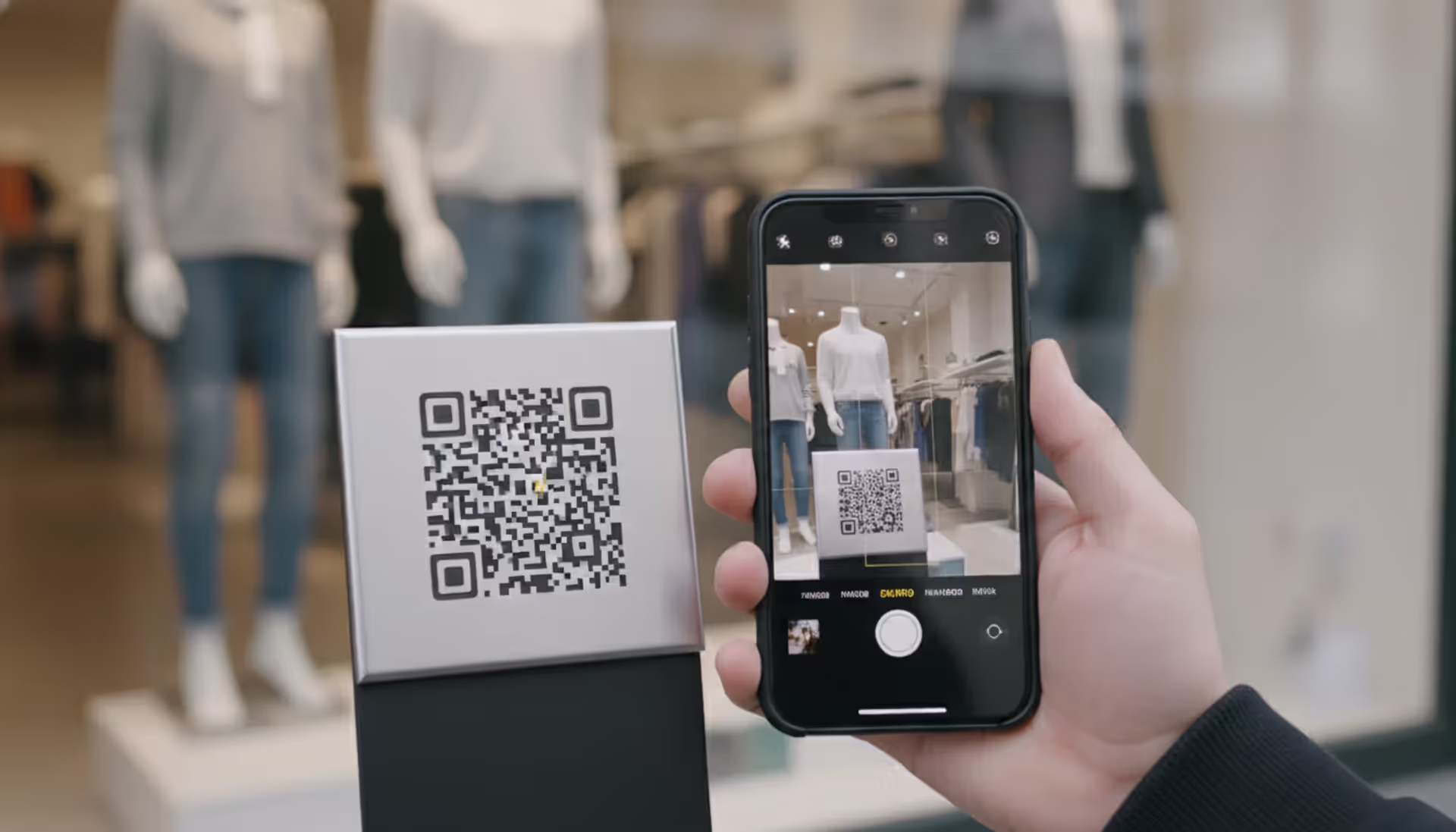 Smartphone scanning a QR code engraved on a metal plaque near a storefront