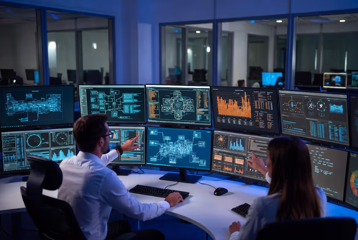 IT team working in a modern network operations center with performance dashboards and monitoring screens showing hybrid cloud infrastructure metrics